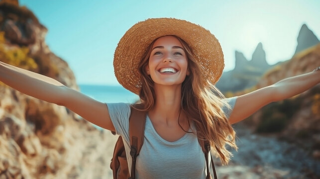a happy woman on vacation with a joyful demeanor that conveys her enthusiasm for the trip