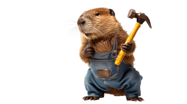 A whimsically dressed beaver in a denim jacket and cap holding a hammer, humorously portrayed as a skilled handyman. Isolated PNG image