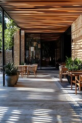 Fototapeta premium Slatted wood wall panels with organic timber grain details contemporary furniture and accents on a sun dappled patio reflecting the Wabi sabi philosophy of beauty in imperfection and simplicity