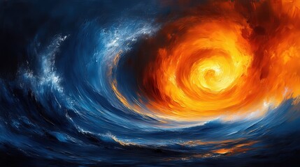 Dramatic Abstract Oil Painting Of Fiery Sun And Ocean Waves In Bold Colors