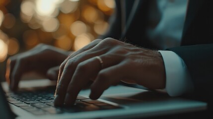 Obraz premium Closeup of businessman hands typing on laptop keyboard showcasing concept of online communication remote work and digital lifestyle of modern professional