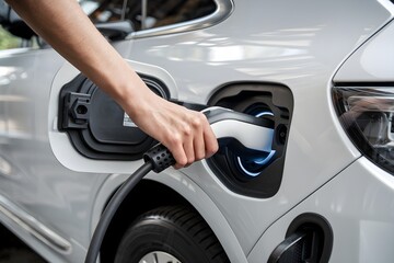 Hand inserts cable into electric vehicle, interior visible, emphasizing charging setup.