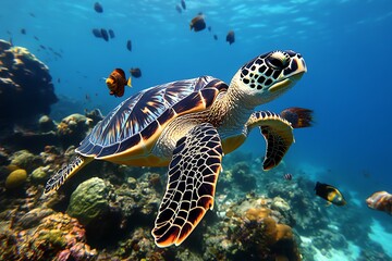 Obraz premium A coral reef habitat teeming with marine life, where colorful fish, sea turtles, and coral formations thrive beneath crystal-clear waters