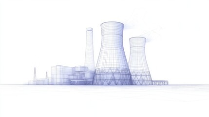 A wireframe illustration of a power plant with cooling towers and industrial structures.