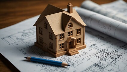 House model placed on blueprints beside a pencil.