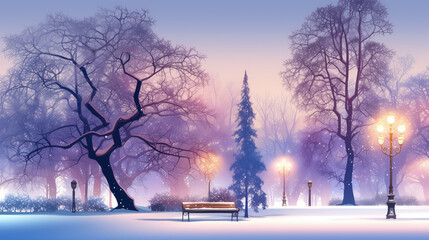 Snowy park bench and glowing lampposts at dawn in winter landscape
