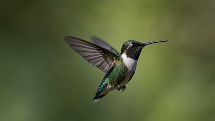 Hummingbird in flight with a blurred green background.
