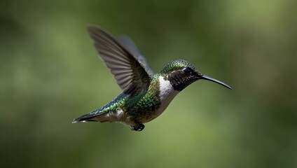 Hummingbird in flight with a blurred green background.