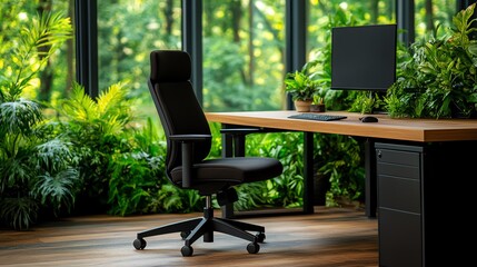 Fototapeta premium Executive chair made from recycled materials, with eco-friendly design elements, positioned in a sustainable office space