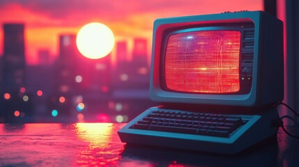 Retro computer monitors with glowing red sunset on the screen, 80s aesthetic, futuristic technology, neon colors, digital nostalgia, vintage electronics, old-school computers, retro sci-fi vibe