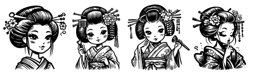 beautiful geisha illustrations with detailed hairstyles and traditional clothing black vector