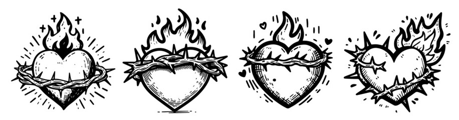 collection of burning hearts with thorns in black and white cartoon style vector