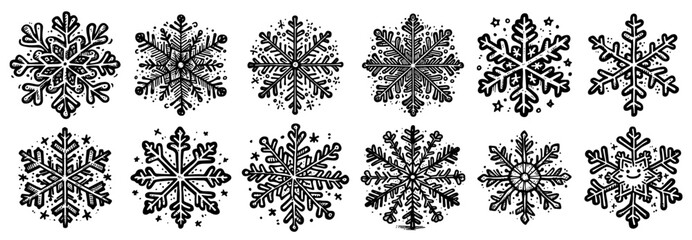 collection of intricate snowflakes in black vector for winter designs
