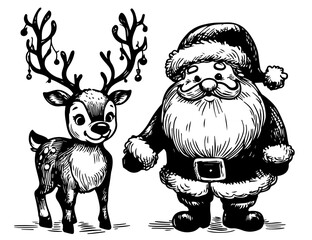 festive santa claus and reindeer holiday illustration black vector art