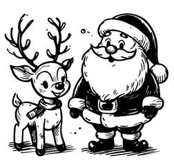 retro hand-drawn santa claus and reindeer black vector illustration