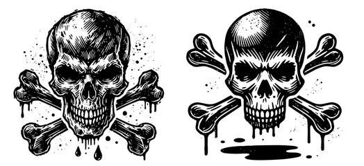 collection of pirate skulls in sketch style, black vector artwork