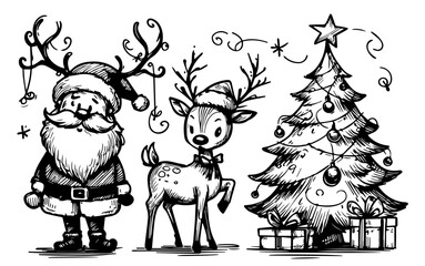 hand-drawn santa claus and reindeer and christmas tree with holiday sack black vector