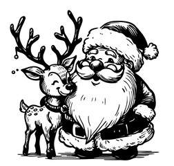 detailed santa claus and reindeer illustration in black vector style