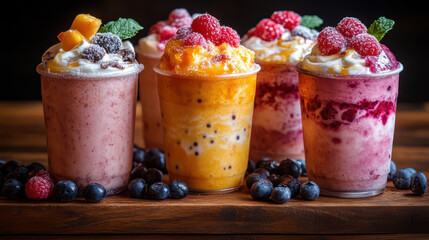 Close-up of three colorful fruit smoothies topped with fresh berries and mint leaves on a wooden table, healthy drinks, refreshing beverages, summer snacks, vibrant colors, healthy lifestyle