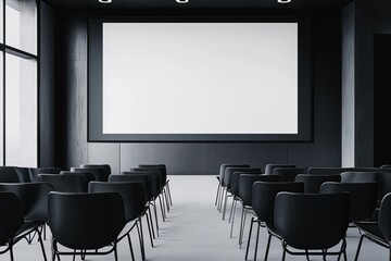 Obraz premium Rows of black chairs facing a blank projector screen in a modern conference room with dark walls