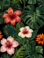 Illustration of tropical leaves and flowers.