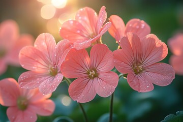 Obraz premium A group of pink flowers with dew drops on them
