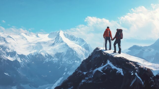 Hiker helping friend reach the mountain top, Generative Ai illustration