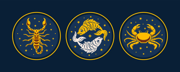 Artistic Illustrations of Zodiac Signs Scorpio, Pisces and Cancer with celestial themes in vibrant colors, capture their essence. celestial objects, mystical, space, predict, future, trigon the water