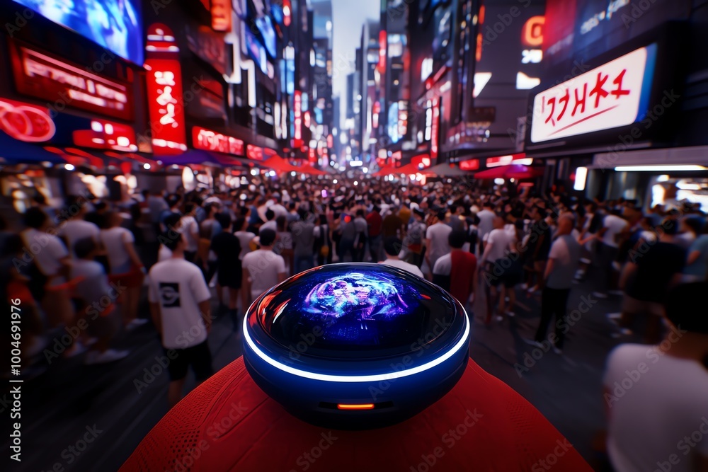Poster a crowded futuristic urban street during a festival, where holographic displays and advanced tech in