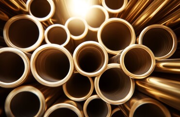 A cluster of shiny golden pipes are positioned in a manner that highlights their circular openings and reflects light beautifully