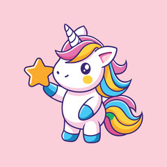 Cute Unicorn Holding Star Cartoon Vector Icon Illustration 