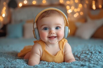 a delightful image of a surprised baby wearing headphones joyfully listening to music surrounded by a soft colorful background that emphasizes the positive effects of music on child development