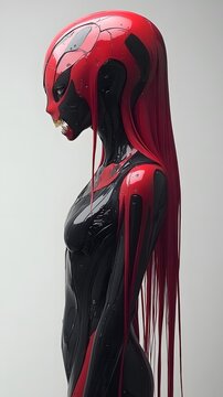 an asian girl with long red hair in a black metal suit, she looks like a horror monster with her mouth which is open to reveal teeth and large fangs with gold accents, resembling a fantasy monster