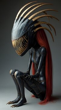 an asian girl with long red hair in a black metal suit, she looks like a horror monster with her mouth which is open to reveal teeth and large fangs with gold accents, resembling a fantasy monster, in