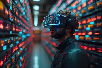 a digital transformation scene depicting the integration of technology into business featuring augmented reality overlays on physical products in action