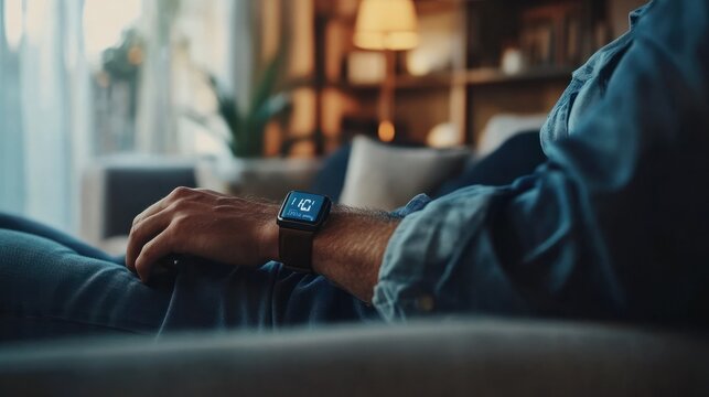 Man self-monitoring blood pressure at home. Showcases self-care, healthcare technology, and chronic disease management. Suitable for health education, medical tech, and wellness.
