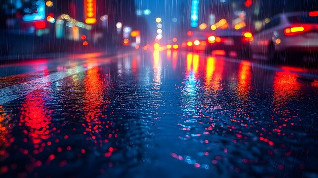 A rain-soaked highway at night, with streaks of colorful neon reflections from distant streetlights and signs glistening on the wet asphalt, as taillights blur in the distance