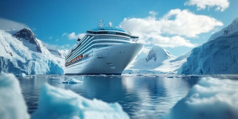 A majestic cruise ship glides through icy waters surrounded by towering glaciers. The stunning blue sky contrasts sharply with bright white ice. A perfect scene for travel lovers. AI