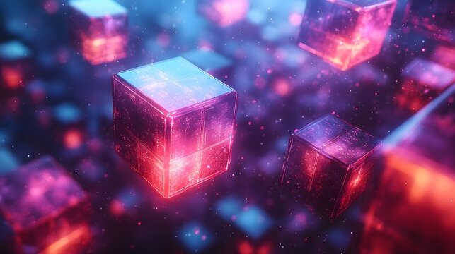 A tangled web of glowing neon wires and cubes, intersecting and twisting in 3D space, creating a complex and futuristic abstract structure with electric hues of purple and cyan