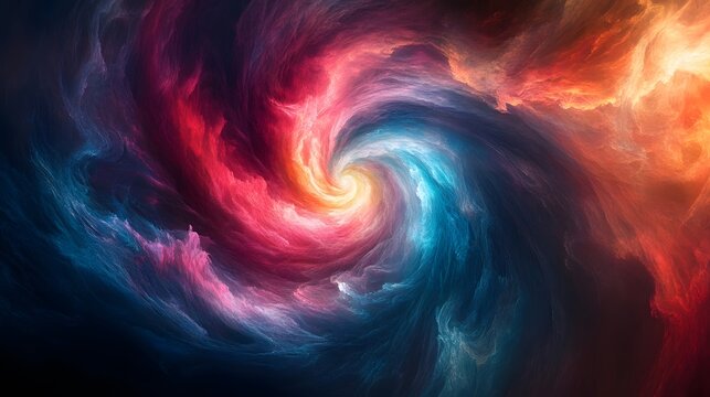 A swirling vortex of neon light trails in vivid pinks, blues, and greens, spiraling into infinity, with geometric shapes and fluid forms blending into an abstract cosmic dance