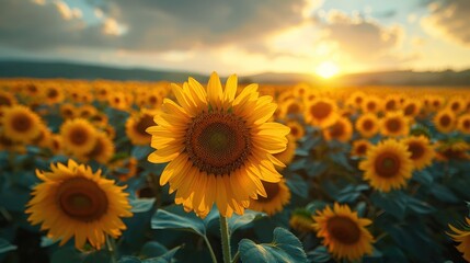 Panoramic View of Sunflower Field at Sunrise - Golden Blooms, Vibrant Morning Light, Serene Summer Landscape, Idyllic Nature Scene for Wallpaper or Background