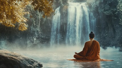 Obraz premium Monk meditating before Buddha statues and waterfalls. Concept Vesak day Buddhist lent, Buddha birthday. Banner with copy space
