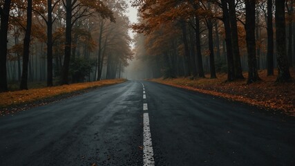 Fototapeta premium Close-up of the autumn-themed forest road from the asphalt