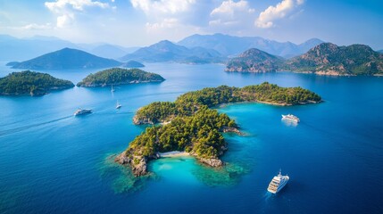Turkish Maldives Yassica Islands Drone Photo, Gocek Fethiye, Mugla Turkiye (Turkey)