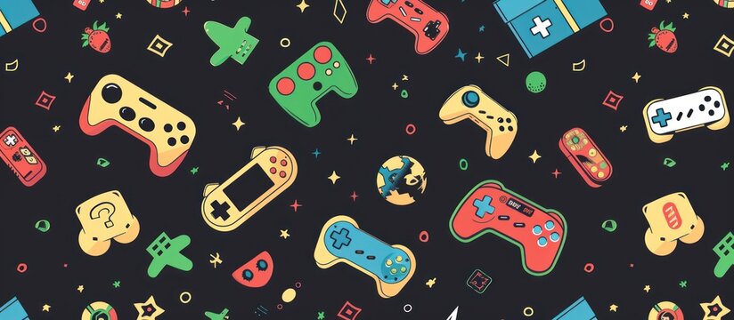 Pattern with retro game joy pad controllers on dark background