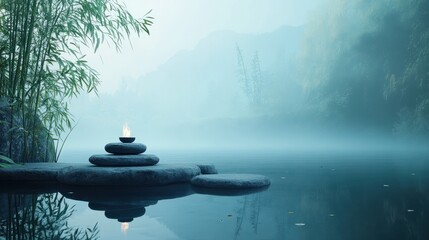 Panoramic illustration with a zen scene of deep relaxation and tranquility and with space for text