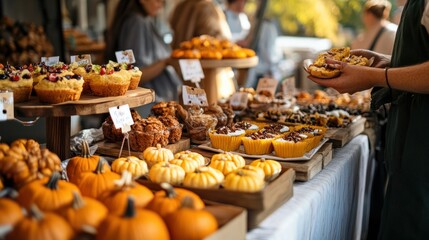 Fototapeta premium People at a Thanksgiving charity bake sale, selling and buying healthy pumpkin-based treats and vegan desserts