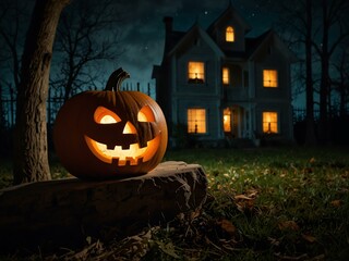 Jack-o'-lantern glowing near a haunted house at night.