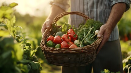 Farmer holding basket full of ripe tomatoes, green peppers and other vegetables in a garden.