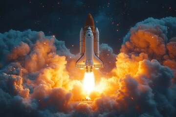 a dynamic rocket blasts out of a laptop screen against a striking blue backdrop symbolizing innovation and creativity the empty text space invites personalization fueling imagination
